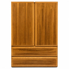 Medium teak brown mid-century storage cabinet with tall vertical lines and wood grain