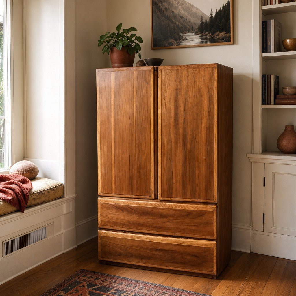 Medium teak brown mid-century storage cabinet with tall vertical lines and wood grain - view 2
