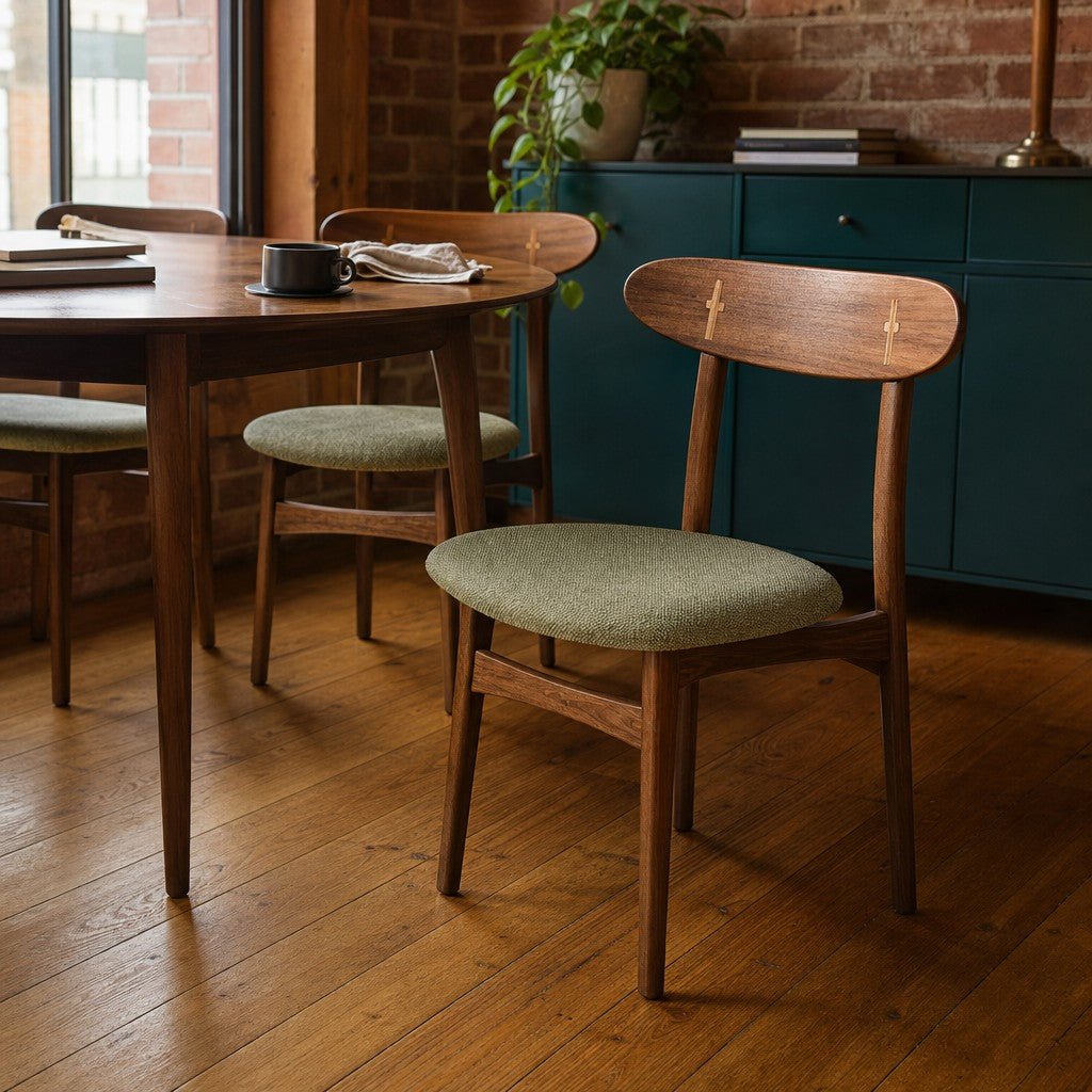Walnut brown mid-century dining chair with a green upholstered seat and splayed legs - view 2