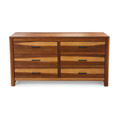 Medium Brown six-drawer wooden dresser with a long, low profile.