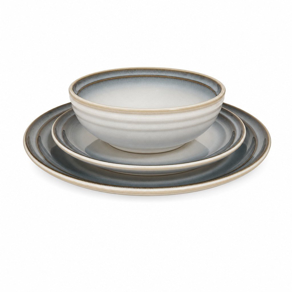 Blue-gray stoneware dinnerware set with bowls, salad plates, and dinner plates for four - Whats New Furniture Portland OR