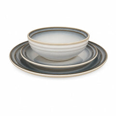 Blue-gray stoneware dinnerware set with bowls, salad plates, and dinner plates for four - Whats New Furniture Portland OR