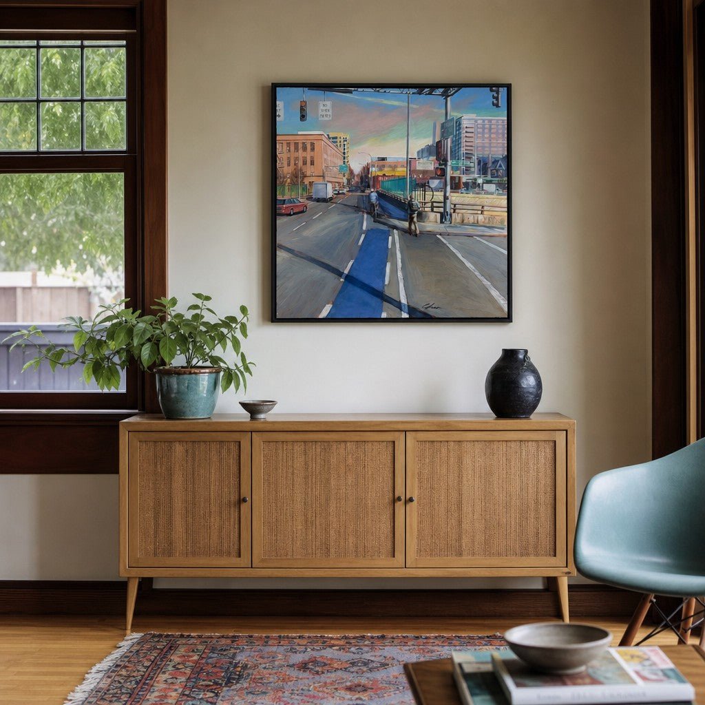 Multicolor framed original print depicting Glisan and 16th in Portland Oregon - detail view 1