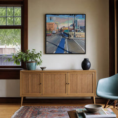 Multicolor framed original print depicting Glisan and 16th in Portland Oregon - detail view 1