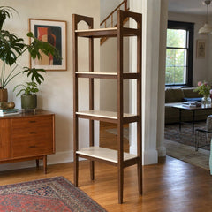 Dark Walnut and Cream Parker bookcase with tall two-tone wood shelves - detail view 1