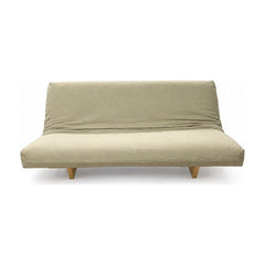 Beige futon sofa with a machine-washable cover and low rectangular silhouette.