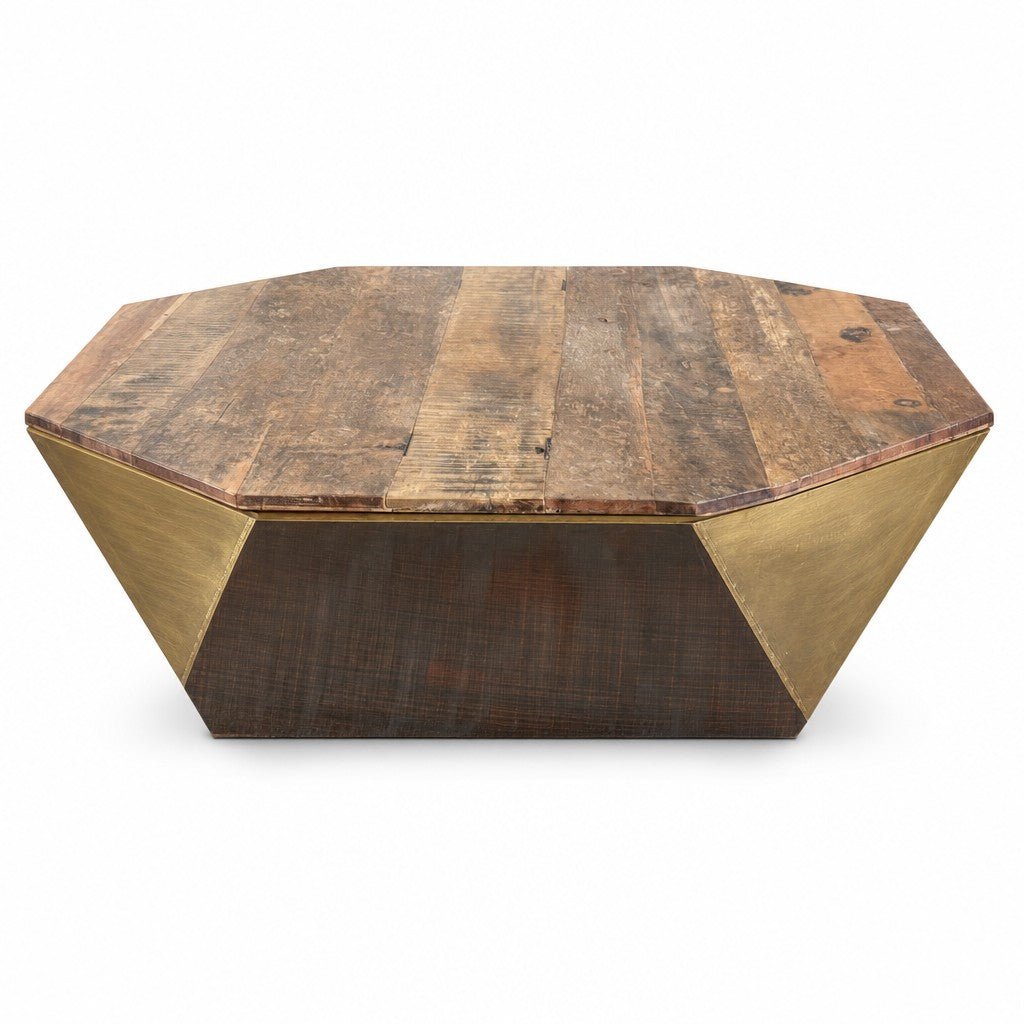 Reclaimed wood brown square coffee table with gold accents and low profile