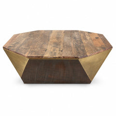 Reclaimed wood brown square coffee table with gold accents and low profile