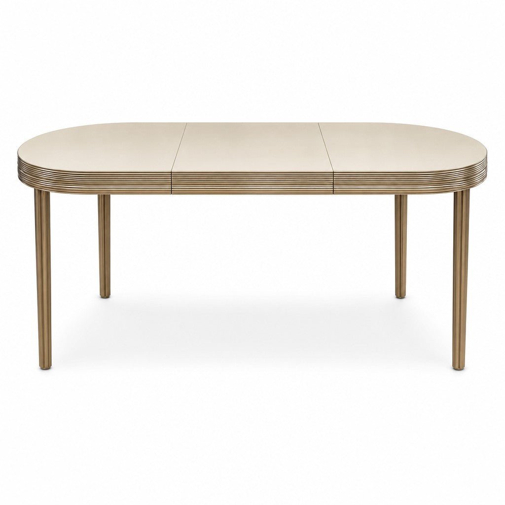 White mid-century dining table with clean lines and an extendable leaf.