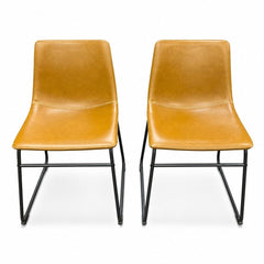 Tan mid-century dining chair with a sculpted solid-wood frame and tapered legs
