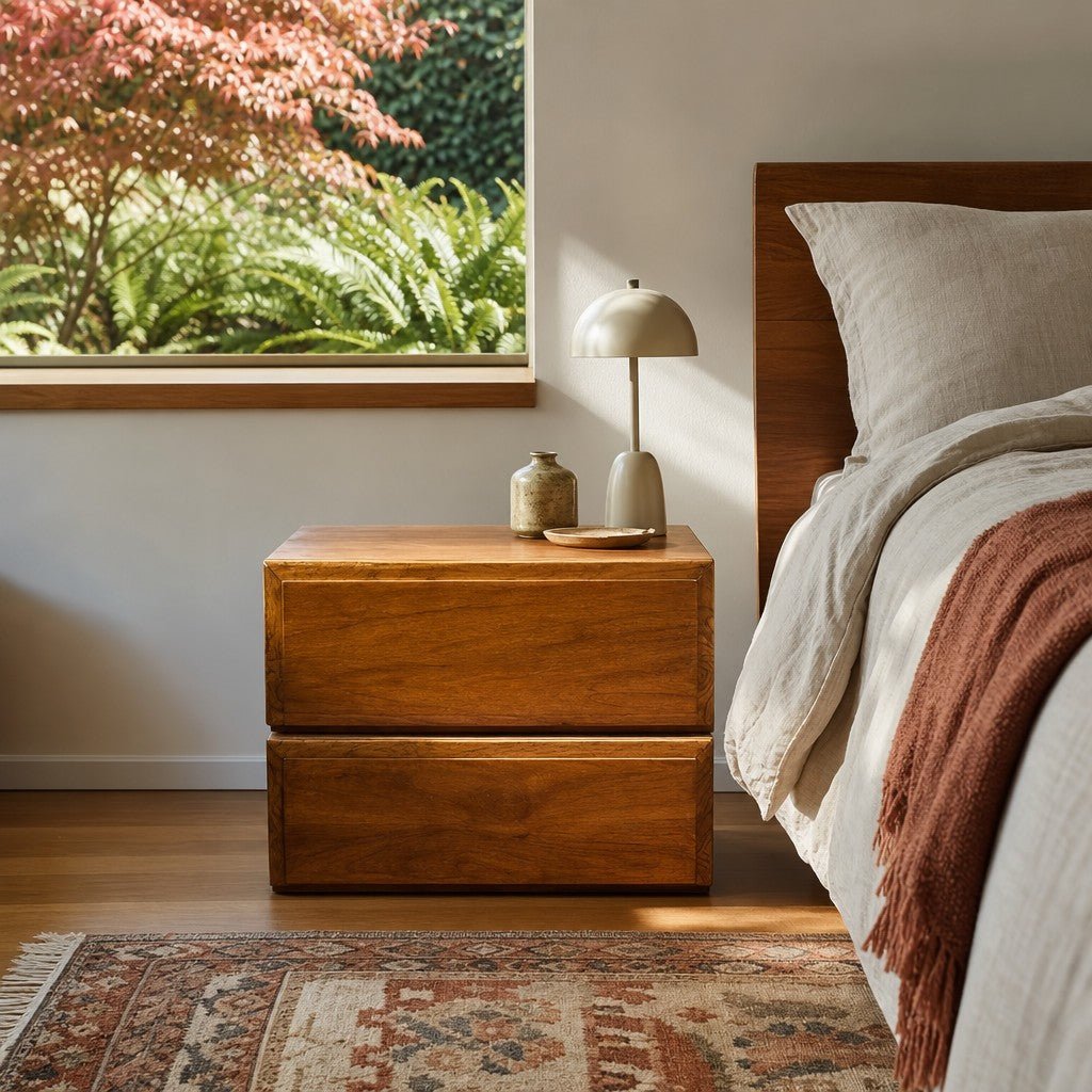 Medium walnut mid-century nightstand with clean rectilinear lines and natural wood grain - view 2