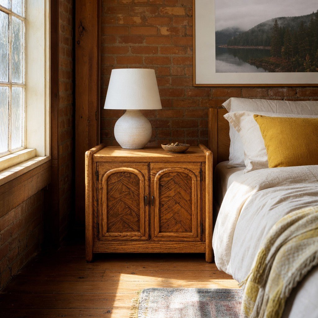 Medium oak mid-century nightstands, a matched set of two with clean lines and visible wood - Whats New Furniture (2)