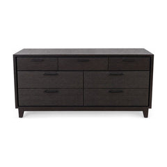 Espresso seven-drawer dresser with a long, low wood case and aligned drawer fronts.