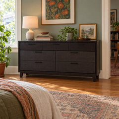 Espresso seven-drawer dresser with a long, low wood case and aligned drawer fronts. - detail view 1