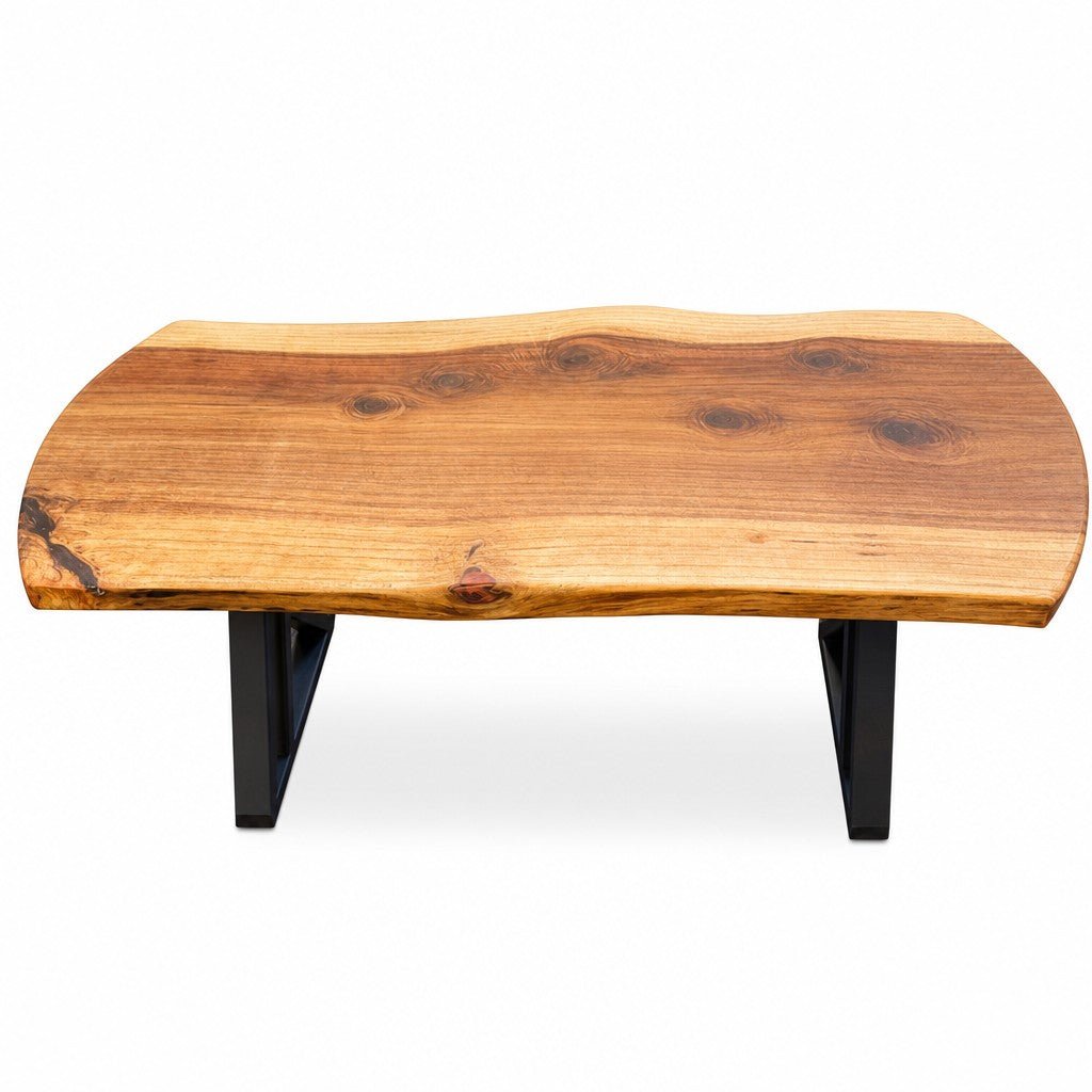 Redwood mid-century coffee table with clean low-slung lines and visible wood grain