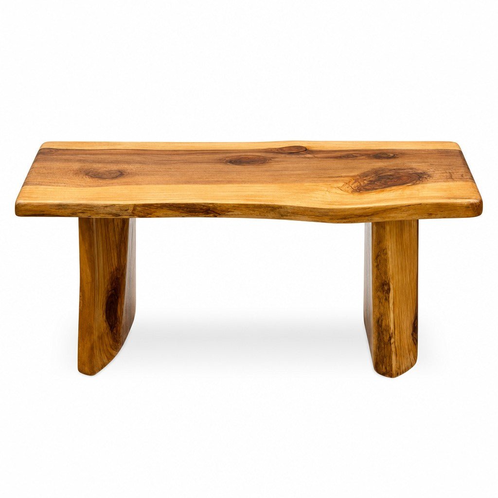 Natural wood solid redwood coffee table with rich cathedral grain and low-slung lines