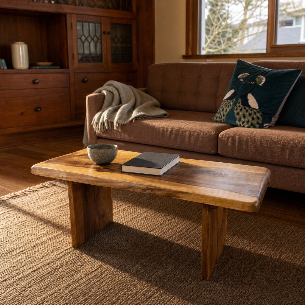 Natural wood solid redwood coffee table with rich cathedral grain and low-slung lines - view 2