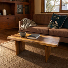 Natural wood solid redwood coffee table with rich cathedral grain and low-slung lines - view 2