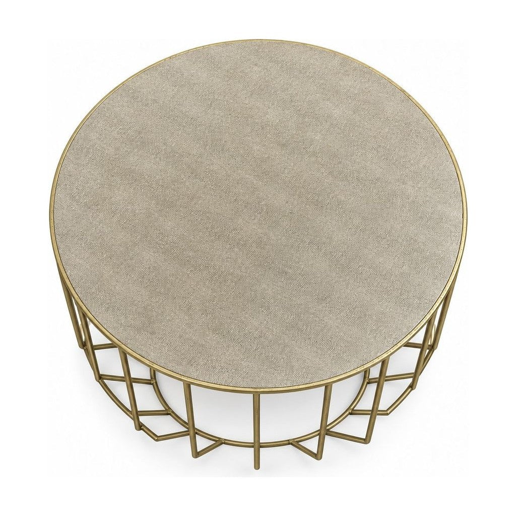 Taupe/Gold square coffee table with a metal frame and low profile.