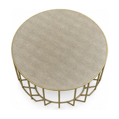 Taupe/Gold square coffee table with a metal frame and low profile.