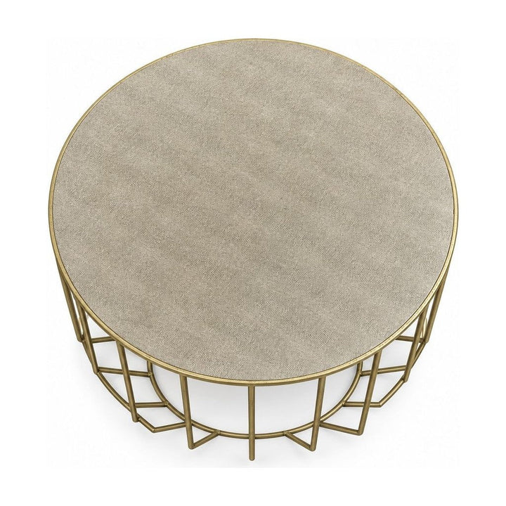 Taupe/Gold square coffee table with a metal frame and low profile.