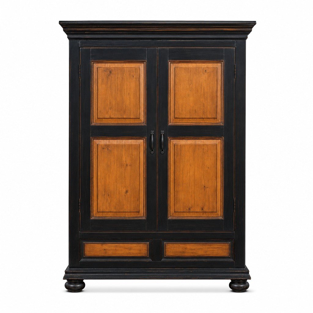 Black and Honey Oak traditional two-door armoire with honey-oak inset door panels.
