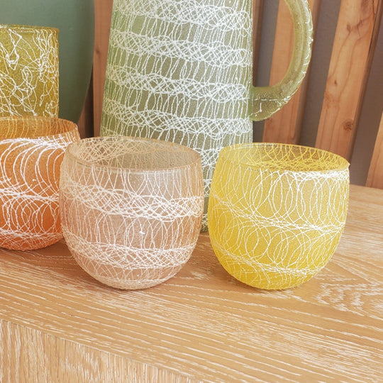 Vintage 1950s Spaghetti String Pitcher Set with Roly Poly Glasses & Tumbler