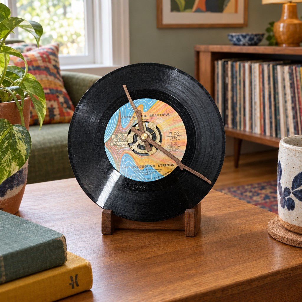 Black vinyl record clock with America the Beautiful album art on the disc. - detail view 1