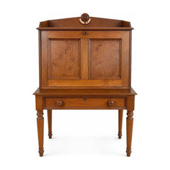 Honey Oak vintage secretary desk with drop-front writing lid and upper cabinet.