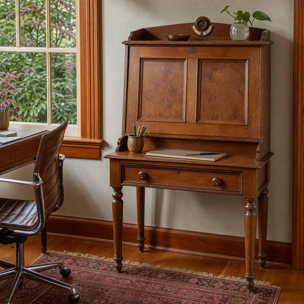 Honey Oak vintage secretary desk with drop-front writing lid and upper cabinet. - detail view 1