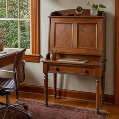 Honey Oak vintage secretary desk with drop-front writing lid and upper cabinet. - detail view 1