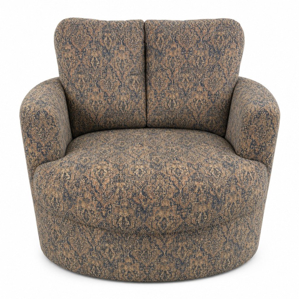 Brown paisley cube armchair with a boxy geometric silhouette