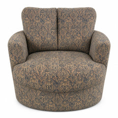 Brown paisley cube armchair with a boxy geometric silhouette