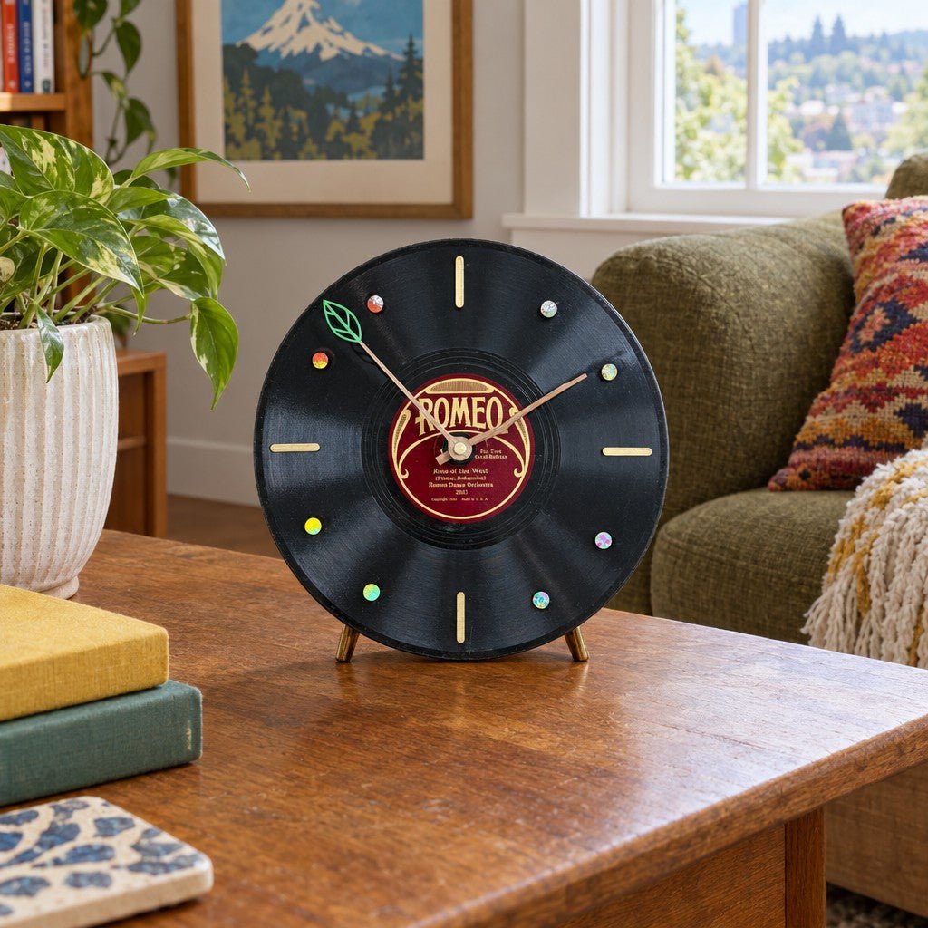 Black vintage vinyl clock with a Rose of the West face. - detail view 1