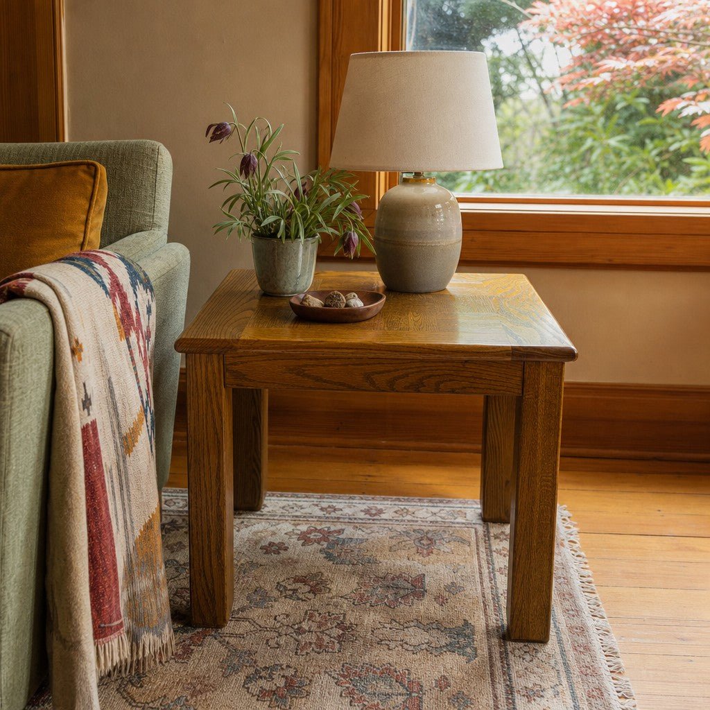 Brown solid wood end table with compact mid-century proportions and visible grain. - detail view 1