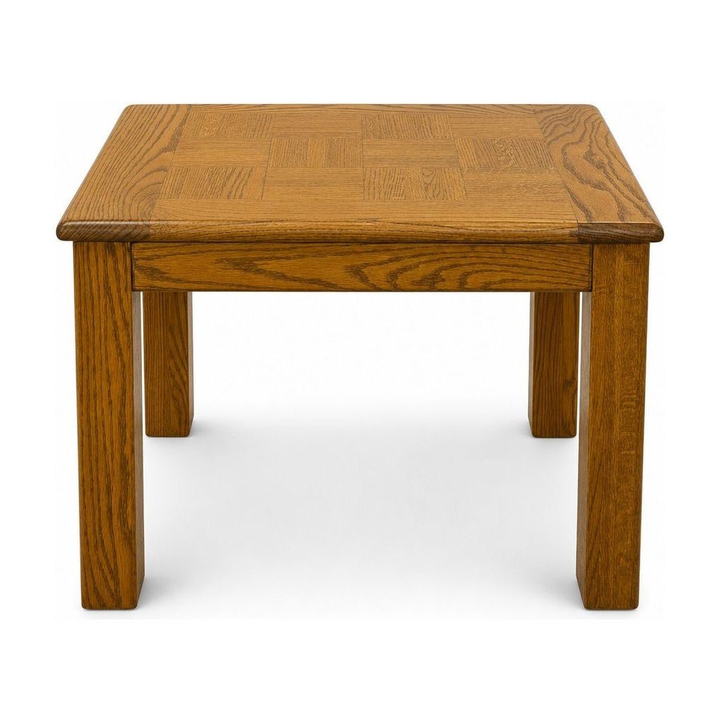 Brown solid wood end table with compact mid-century proportions and visible grain.
