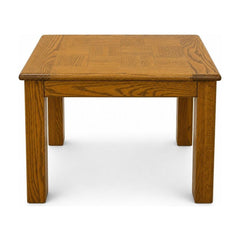 Brown solid wood end table with compact mid-century proportions and visible grain.