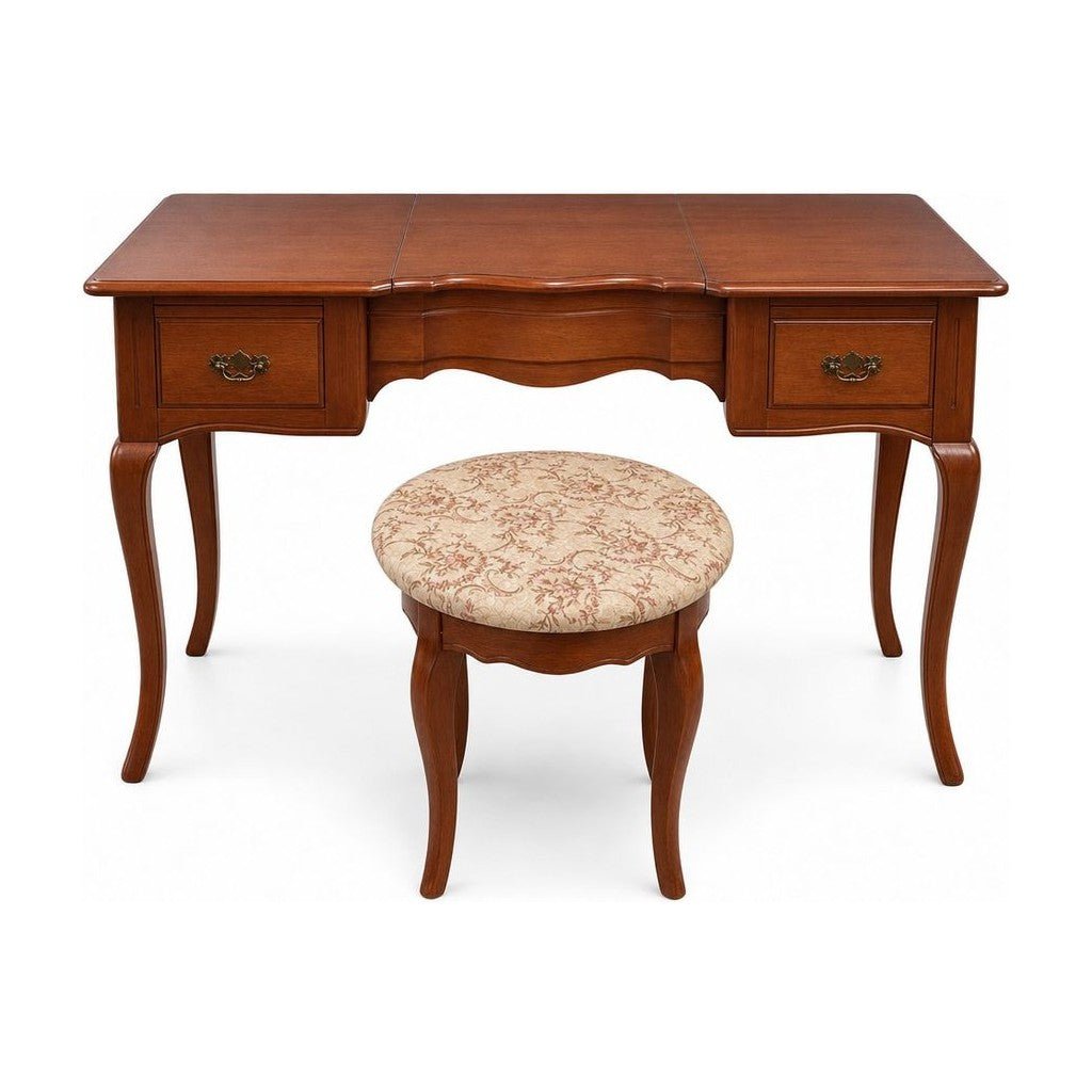 Cherry vintage vanity desk with attached mirror and worn wood top.