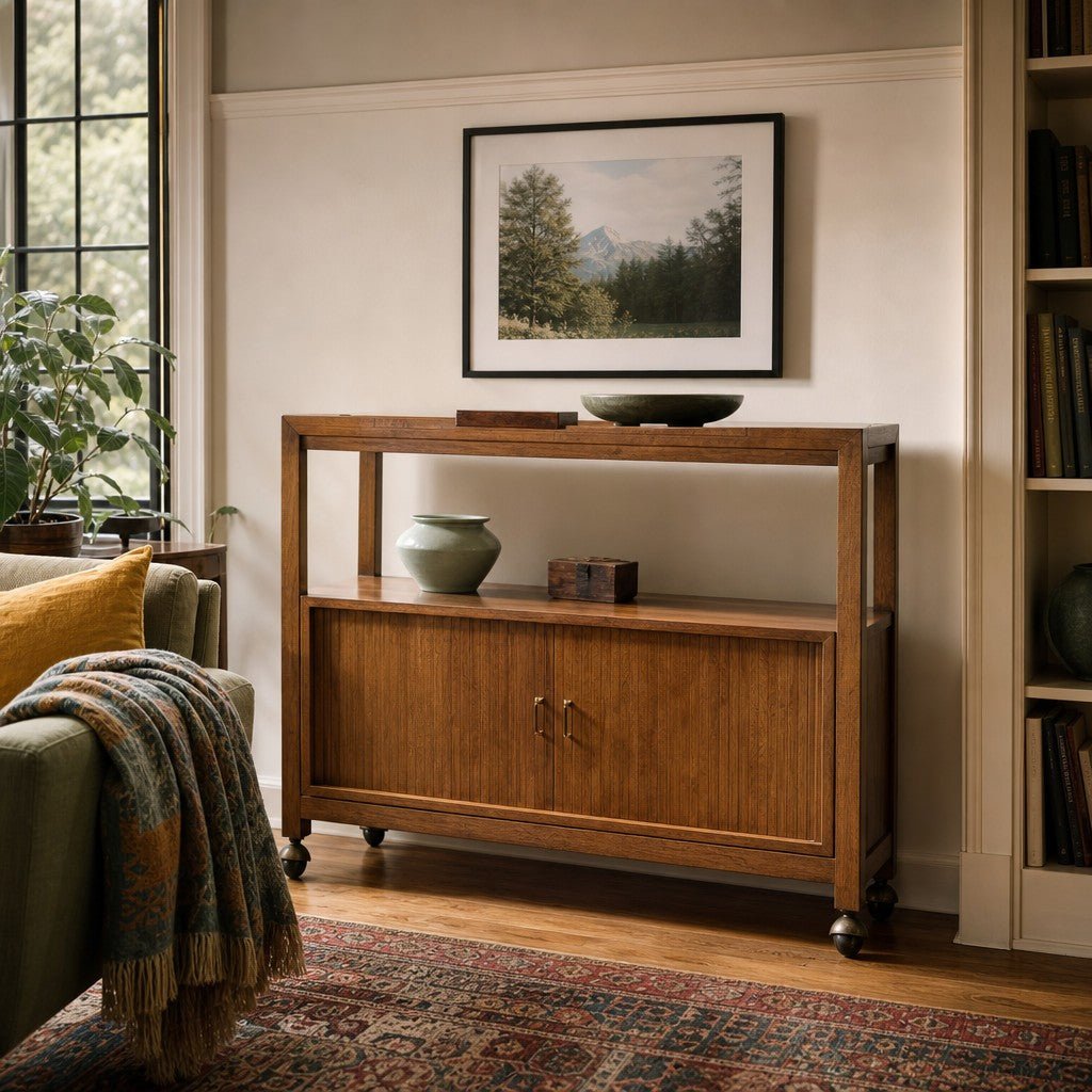 Walnut mid-century bar cart sideboard with a wipeable top and clean-lined frame - view 2