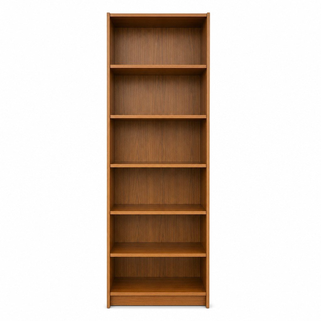 Walnut mid-century bookcase with tall slim frame and warm wood grain