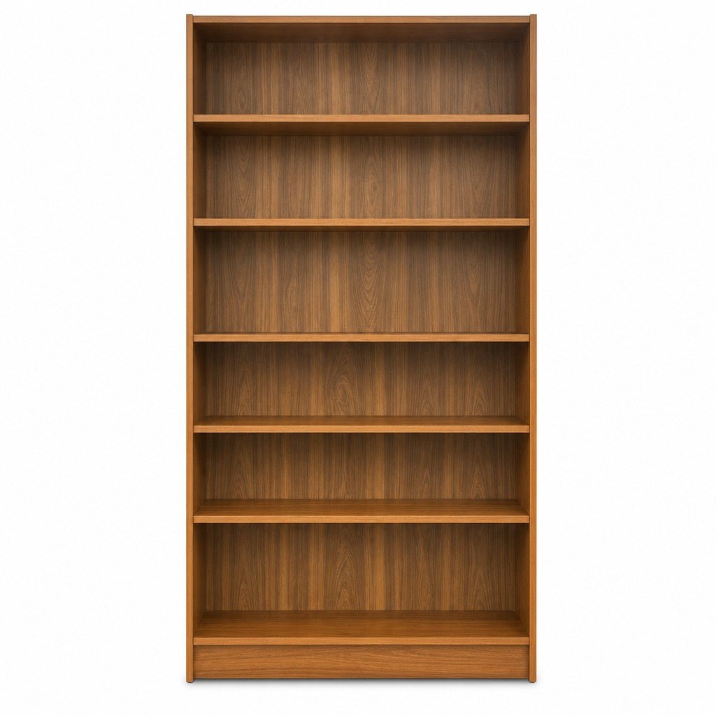 Walnut mid-century bookcase with a slim, tall vertical profile