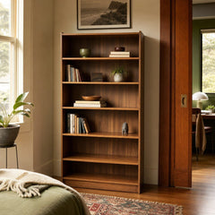 Walnut mid-century bookcase with a slim, tall vertical profile - view 2