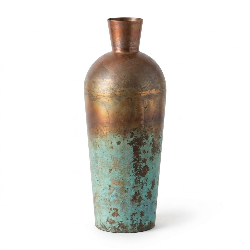 Copper Patina Bottle Vase, 13" Tall front view on white - two-toned copper vase by Kalalou - Whats New Furniture Portland OR