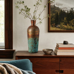 Copper Patina Bottle Vase, 13" Tall styled with blossom branches on a walnut credenza in a Portland living room - Whats New Furniture