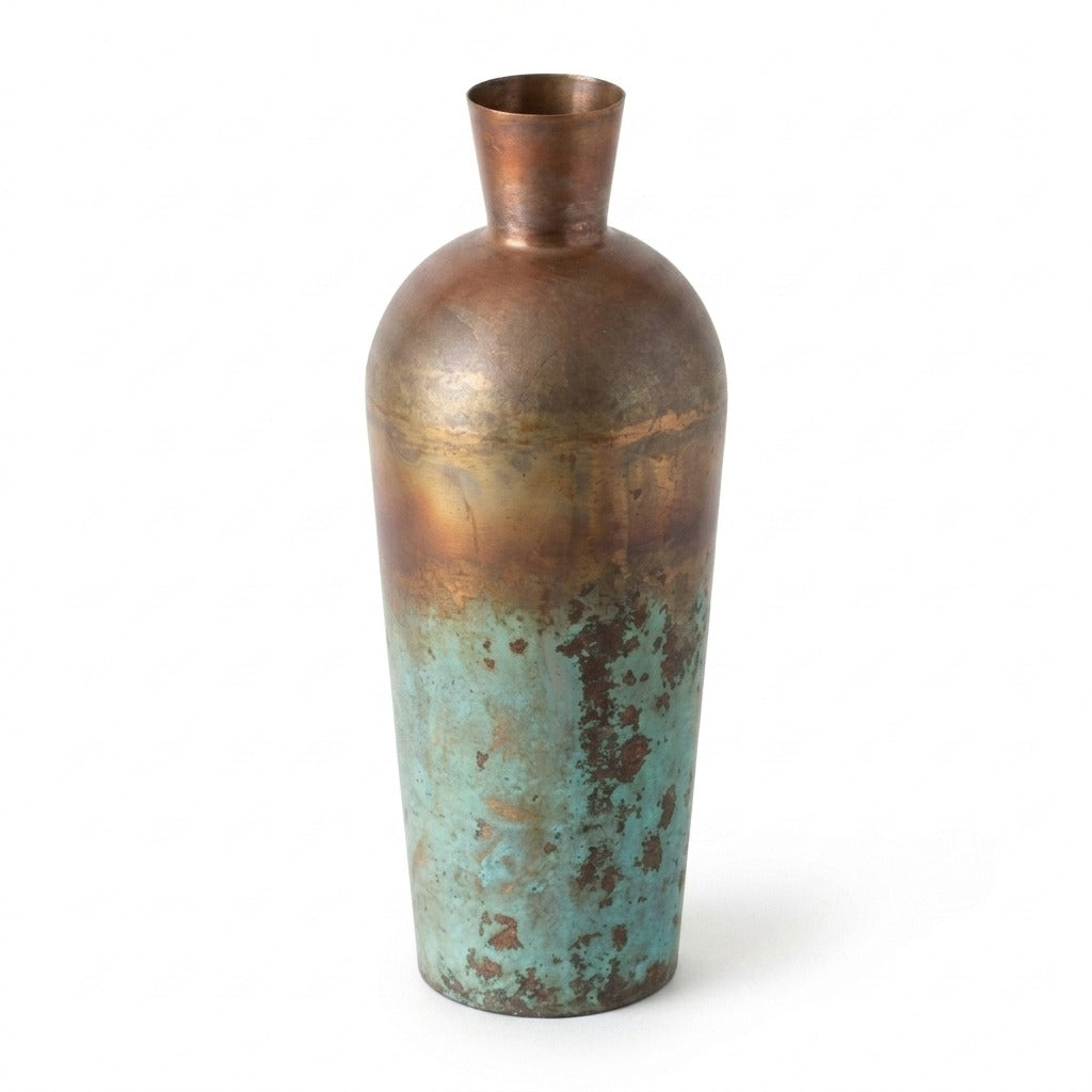 Copper Patina Bottle Vase, 13" Tall seen from above showing the rim and verdigris patina - copper vase by Kalalou - Whats New Furniture Portland OR
