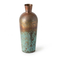 Copper Patina Bottle Vase, 13" Tall seen from above showing the rim and verdigris patina - copper vase by Kalalou - Whats New Furniture Portland OR