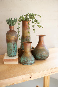 Copper Patina Bottle Vase, 13" Tall shown alongside the other three copper patina vases from the same set - Kalalou - Whats New Furniture Portland OR