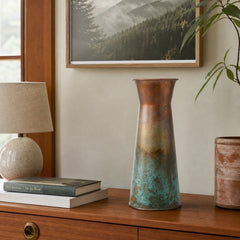 Copper Patina Carafe Vase, 13" Tall styled beside a ceramic lamp on a mid-century sideboard in a Portland home - Whats New Furniture
