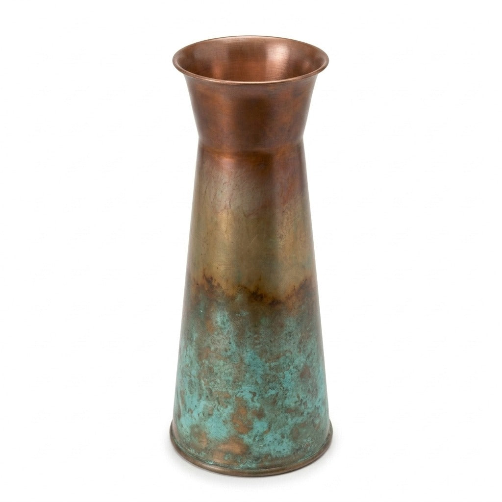 Copper Patina Carafe Vase, 13" Tall seen from above showing the rim and verdigris patina - copper vase by Kalalou - Whats New Furniture Portland OR