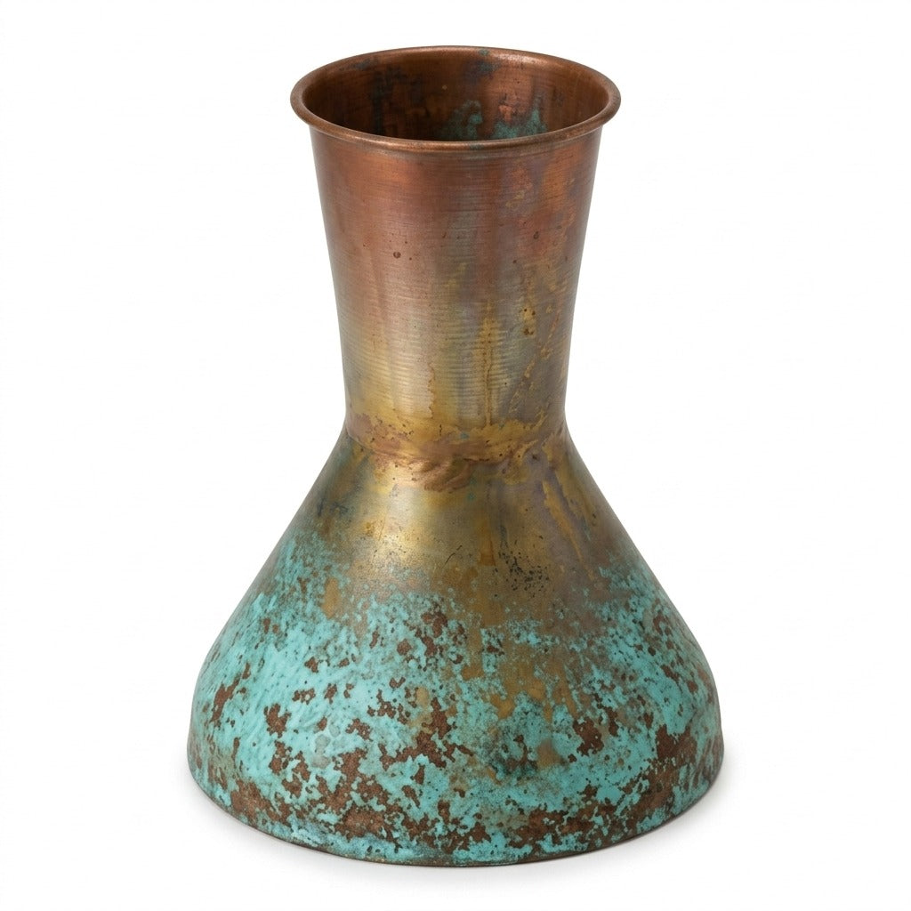 Copper Patina Footed Vase, 8.5" Tall front view on white - two-toned copper vase by Kalalou - Whats New Furniture Portland OR